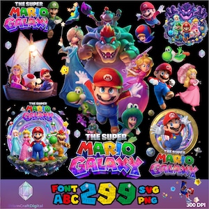 May include: A colourful digital graphic featuring characters from "The Super Mario Galaxy" video game. Mario, Peach, Yoshi, and Bowser are depicted in a dynamic composition with the game's logo. The image includes the text "FONT ABC 299 SVG PNG".