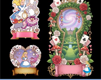 Pacchetto di oltre 440 immagini SVG e PNG di Alice nel Paese delle Meraviglie + carte digitali, alfabeto, font, Cappellaio Matto, Gatto del Cheshire, Regina di Cuori, decorazione per torta di Alice, Coniglio Bianco