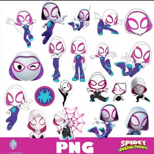 May include: A collection of digital illustrations featuring the character Ghost-Spider in various poses, wearing a white, purple, and teal hooded suit with a spider emblem. The images include a circular spider logo and the text Spidey and His Amazing Friends.