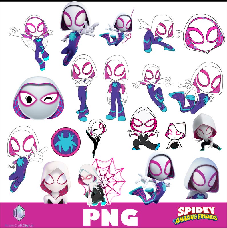 May include: A collection of digital illustrations featuring the character Ghost-Spider in various poses, wearing a white, purple, and teal hooded suit with a spider emblem. The images include a circular spider logo and the text Spidey and His Amazing Friends.