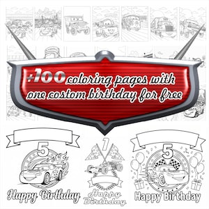 Puede incluir: Páginas para colorear en blanco y negro con dibujos de coches. La imagen incluye un escudo rojo con el texto "+100 páginas para colorear con un cumpleaños personalizado gratis". Debajo hay diseños con temática de cumpleaños con el texto "Happy Birthday".
