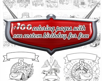 Pagine da colorare di compleanno con le auto, nome ed età personalizzati (download digitale)