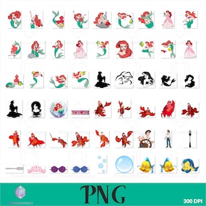 May include: A digital collection of graphic illustrations featuring a red-haired mermaid, a red crab, a human male character, a fork, a tiara, seashells, and bubbles. The set includes various poses, silhouettes, and line art designs in color.