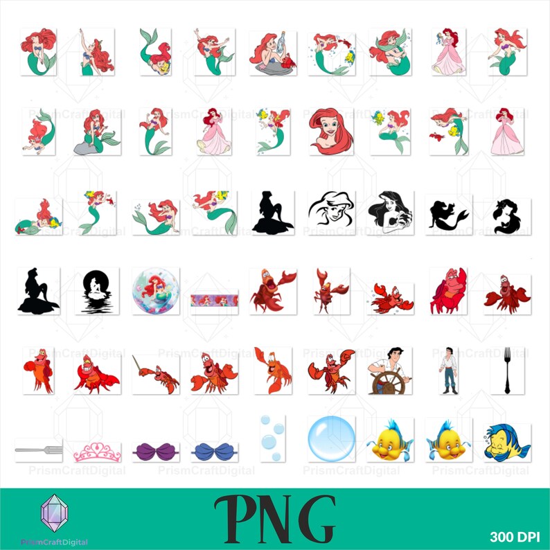 May include: A digital collection of graphic illustrations featuring a red-haired mermaid, a red crab, a human male character, a fork, a tiara, seashells, and bubbles. The set includes various poses, silhouettes, and line art designs in color.