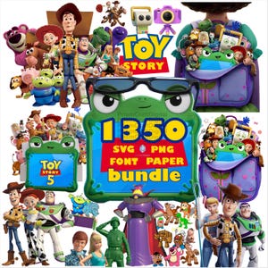 May include: A digital graphic bundle featuring Toy Story characters including Woody, Buzz Lightyear, Jessie, and Lotso. The central image displays a green frog-shaped frame with black glasses, text reading 1350 SVG PNG FONT PAPER bundle.