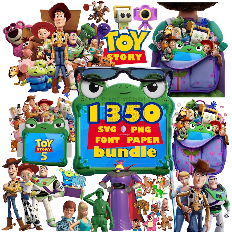 May include: A digital graphic bundle featuring Toy Story characters including Woody, Buzz Lightyear, Jessie, and Lotso. The central image displays a green frog-shaped frame with black glasses, text reading 1350 SVG PNG FONT PAPER bundle.