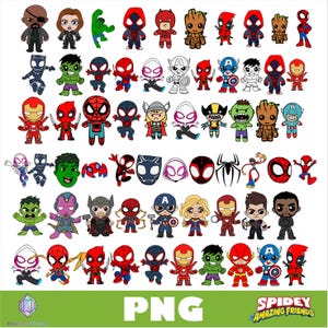 May include: A collection of chibi-style digital illustrations featuring various comic book characters including superheroes, villains, and icons. The graphic includes multiple versions of Spider-Man, Hulk, Iron Man, and Captain America in a grid layout.