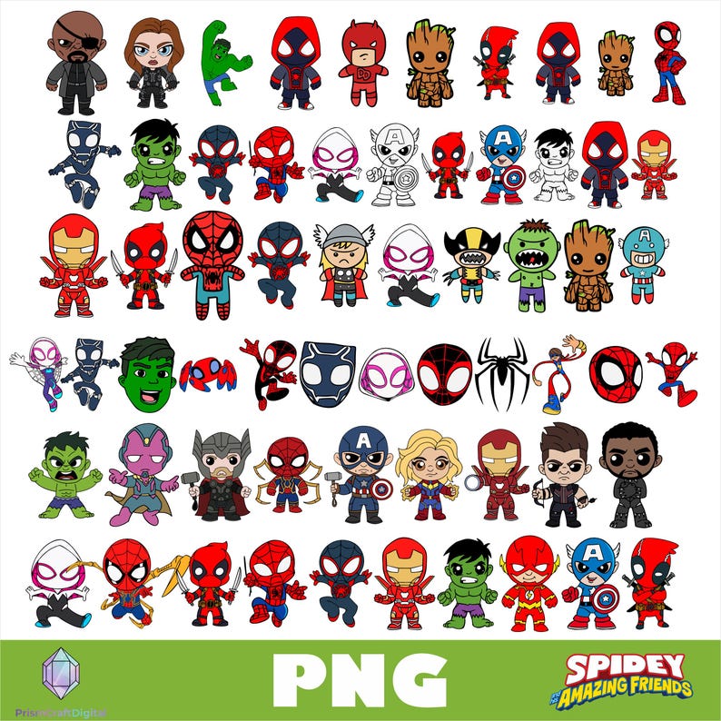 May include: A collection of chibi-style digital illustrations featuring various comic book characters including superheroes, villains, and icons. The graphic includes multiple versions of Spider-Man, Hulk, Iron Man, and Captain America in a grid layout.