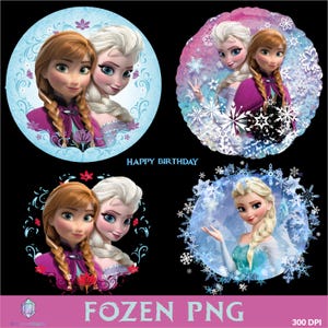 Op de afbeelding: Vier cirkelvormige afbeeldingen met personages uit de animatiefilm "Frozen". De afbeeldingen bevatten Anna en Elsa, met de tekst "Happy Birthday" en "Frozen PNG" op een zwarte achtergrond. De afbeeldingen zijn omgeven door sneeuwvlokken en bloemmotieven.
