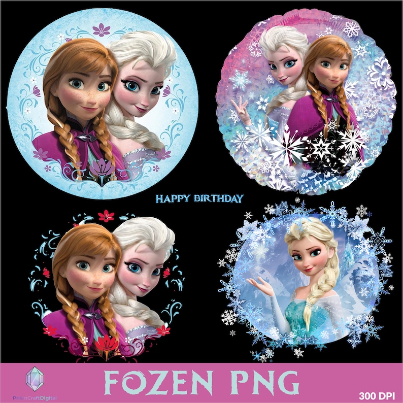 Op de afbeelding: Vier cirkelvormige afbeeldingen met personages uit de animatiefilm "Frozen". De afbeeldingen bevatten Anna en Elsa, met de tekst "Happy Birthday" en "Frozen PNG" op een zwarte achtergrond. De afbeeldingen zijn omgeven door sneeuwvlokken en bloemmotieven.