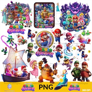 May include: A digital collection of Super Mario Galaxy character illustrations featuring Mario, Luigi, Princess Peach, Bowser, and Toad in various poses, including a boat scene, space backgrounds, and the Super Mario Galaxy logo text.