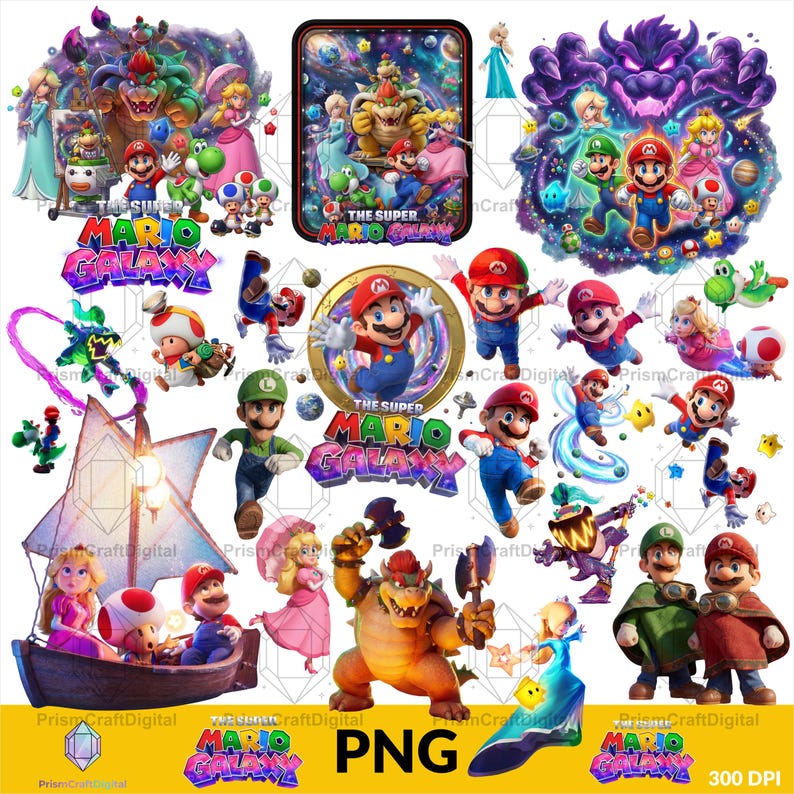 May include: A digital collection of Super Mario Galaxy character illustrations featuring Mario, Luigi, Princess Peach, Bowser, and Toad in various poses, including a boat scene, space backgrounds, and the Super Mario Galaxy logo text.