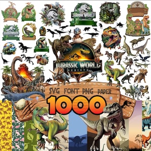 Puede incluir: Una colección digital de gráficos con temática de Jurassic World que presenta varios dinosaurios, incluidos T-Rex, Triceratops y Brachiosaurus, junto con logotipos, siluetas y fondos estampados con el texto SVG FONT PNG PAPER 1000.