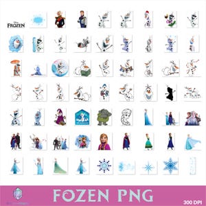 Op de afbeelding: Een verzameling PNG-afbeeldingen met personages en elementen uit de Disney-film "Frozen". De afbeeldingen bevatten Olaf, Anna, Elsa, Kristoff en andere personages, evenals sneeuwvlokken en andere gerelateerde afbeeldingen. De tekst "Frozen PNG" staat onderaan.