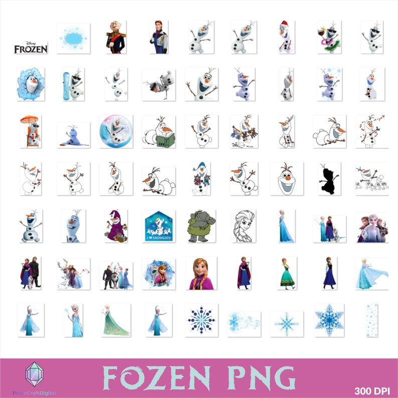 Op de afbeelding: Een verzameling PNG-afbeeldingen met personages en elementen uit de Disney-film "Frozen". De afbeeldingen bevatten Olaf, Anna, Elsa, Kristoff en andere personages, evenals sneeuwvlokken en andere gerelateerde afbeeldingen. De tekst "Frozen PNG" staat onderaan.