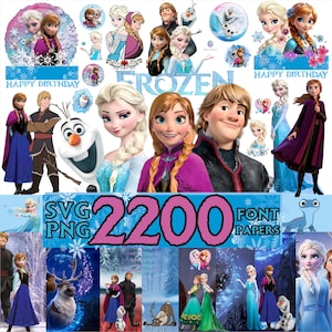 May include: A collection of digital graphics featuring characters from the animated film "Frozen." The image includes various illustrations of Elsa, Anna, Olaf, Kristoff, and other characters, along with the text "Frozen" and "Happy Birthday."