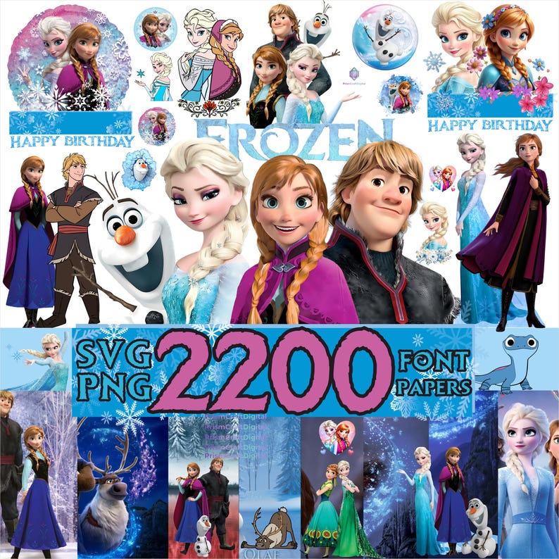 May include: A collection of digital graphics featuring characters from the animated film "Frozen." The image includes various illustrations of Elsa, Anna, Olaf, Kristoff, and other characters, along with the text "Frozen" and "Happy Birthday."