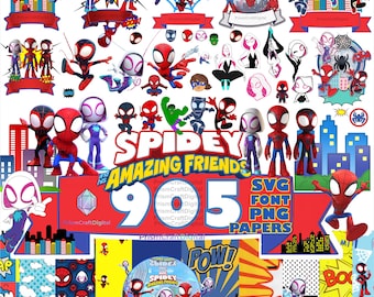Spidey Clipart SVG + PNG Super Bundle, Spidey und seine erstaunliche Freunde-Superheld Geburtstag, Spidey Alphabet Cake Topper Papier-T-Shirts Designs