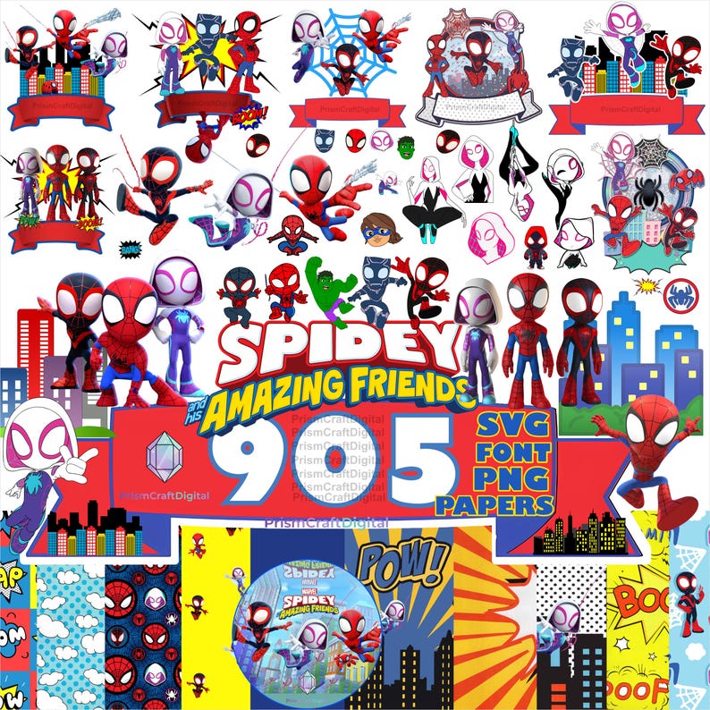 May include: A digital collection of Spidey and His Amazing Friends character graphics, including Spider-Man, Ghost-Spider, and Spin, featuring cityscapes, comic book style text, patterns, and banners with the text Spidey and His Amazing Friends.