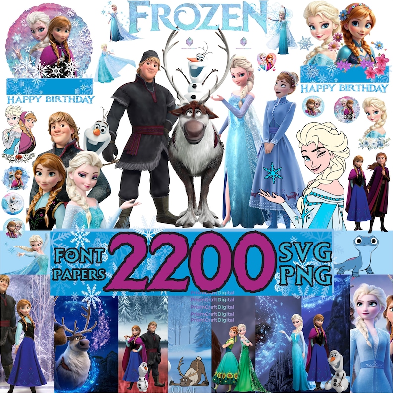 Op de afbeelding: Een verzameling digitale afbeeldingen met personages uit de Disney-film "Frozen". De afbeelding bevat illustraties van Elsa, Anna, Kristoff, Olaf en Sven, samen met het woord "FROZEN" en het nummer "2200."