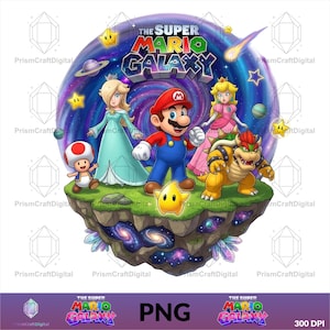 May include: A digital illustration featuring Mario, Princess Peach, Rosalina, Bowser, and Toad standing on a floating grassy island in space. The text THE SUPER MARIO GALAXY is displayed above the characters against a swirling purple cosmic background.