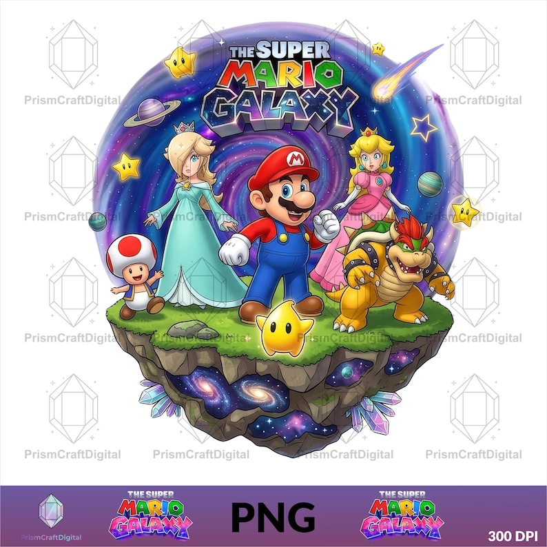 May include: A digital illustration featuring Mario, Princess Peach, Rosalina, Bowser, and Toad standing on a floating grassy island in space. The text THE SUPER MARIO GALAXY is displayed above the characters against a swirling purple cosmic background.