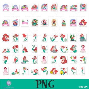 May include: A collection of digital illustrations featuring a red-haired mermaid character in various poses, including sitting on rocks, swimming, and interacting with sea creatures, presented in a grid format with the text PNG 300 DPI at the bottom.
