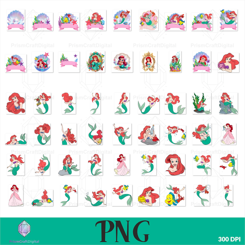 May include: A collection of digital illustrations featuring a red-haired mermaid character in various poses, including sitting on rocks, swimming, and interacting with sea creatures, presented in a grid format with the text PNG 300 DPI at the bottom.