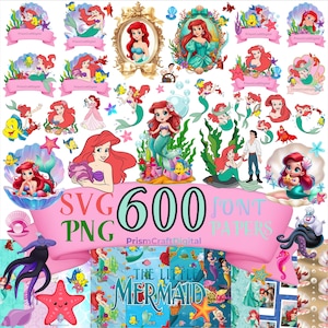 May include: A digital collection of The Little Mermaid graphics featuring Ariel, Flounder, and Ursula in various poses, including framed portraits, scenes with seaweed, and patterned backgrounds with the text SVG 600 PNG FONT PAPERS.