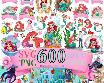 Paquete de archivos SVG+PNG de La Sirenita, imágenes prediseñadas de Ariel, adorno para pastel, decoraciones para fiesta de cumpleaños de sirenas (papeles), Cricut, invitación de Ariel, sublimación.