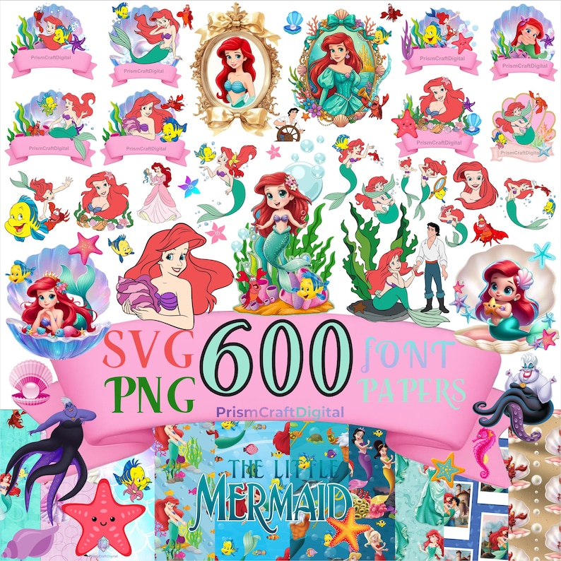 May include: A digital collection of The Little Mermaid graphics featuring Ariel, Flounder, and Ursula in various poses, including framed portraits, scenes with seaweed, and patterned backgrounds with the text SVG 600 PNG FONT PAPERS.