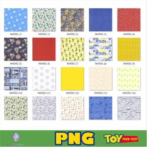 May include: A collection of twenty digital paper patterns featuring various designs including blue clouds, character motifs, comic book panels, red paisley, green toy soldiers, yellow grids, and speech bubbles. Each square tile displays a unique graphic print.