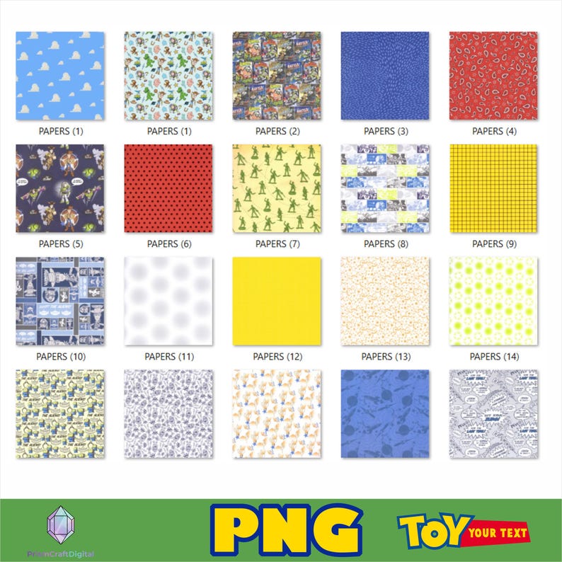 May include: A collection of twenty digital paper patterns featuring various designs including blue clouds, character motifs, comic book panels, red paisley, green toy soldiers, yellow grids, and speech bubbles. Each square tile displays a unique graphic print.
