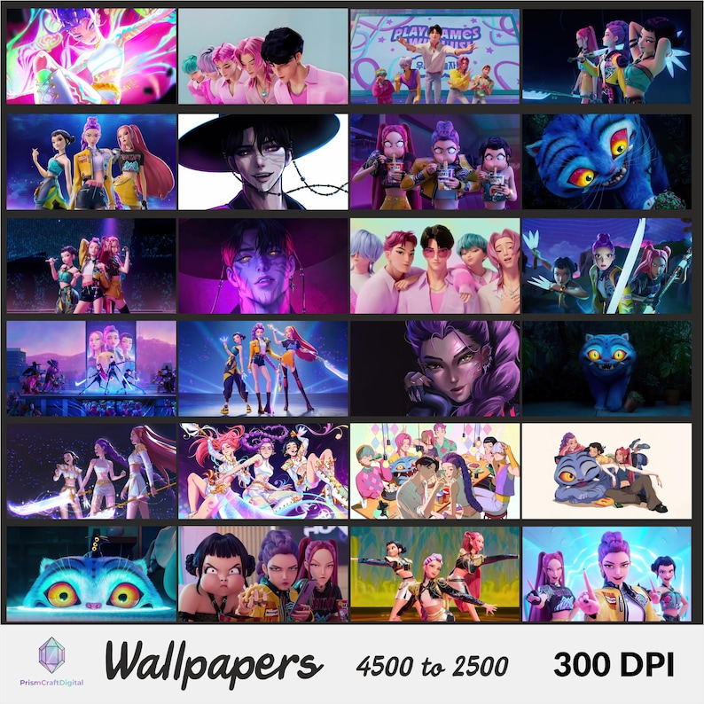 May include: A collection of digital wallpapers featuring various anime-style characters and groups. The images showcase vibrant colors, dynamic poses, and a range of artistic styles. Text at the bottom reads "Wallpapers 4500 to 2500 300 DPI".