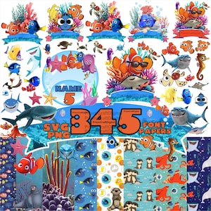 May include: A collection of digital graphics featuring characters from the animated film "Finding Nemo." The designs include Nemo, Dory, and other sea creatures, along with the numbers 3, 4, and 5. The graphics are labeled as SVG, PNG, and font papers.