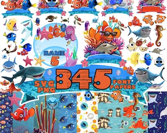 Pacchetto SVG+PNG Alla ricerca di Nemo, clipart PNG di Nemo e Dory, decorazioni per feste di compleanno a tema oceano, topper per torta di Nemo, squalo - Download digitale