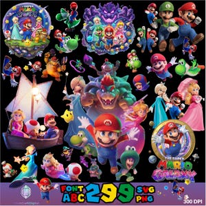 May include: A collection of Super Mario Galaxy digital graphics featuring Mario, Luigi, Princess Peach, Rosalina, Toad, Yoshi, and Bowser in various poses. The images include characters on a planet, in a boat, and the Super Mario Galaxy logo.