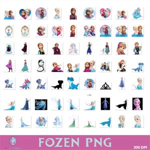 Op de afbeelding: Een verzameling Frozen-thema PNG-afbeeldingen met personages als Elsa, Anna en Olaf. De afbeeldingen zijn in verschillende vormen, waaronder harten en cirkels, en tonen de personages in verschillende poses en outfits. De tekst "FOZEN PNG" wordt onderaan weergegeven.