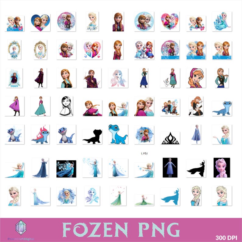 Op de afbeelding: Een verzameling Frozen-thema PNG-afbeeldingen met personages als Elsa, Anna en Olaf. De afbeeldingen zijn in verschillende vormen, waaronder harten en cirkels, en tonen de personages in verschillende poses en outfits. De tekst "FOZEN PNG" wordt onderaan weergegeven.