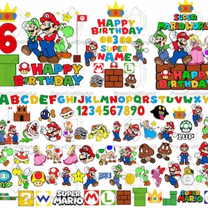 May include: A digital collection of Super Mario themed graphics featuring Mario, Luigi, Princess Peach, Yoshi, Toad, and various enemies. Includes alphabet letters, numbers, crowns, bricks, pipes, and text elements like Happy Birthday and Super Mario World.