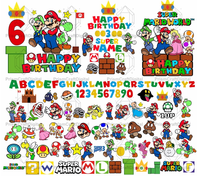 May include: A digital collection of Super Mario themed graphics featuring Mario, Luigi, Princess Peach, Yoshi, Toad, and various enemies. Includes alphabet letters, numbers, crowns, bricks, pipes, and text elements like Happy Birthday and Super Mario World.