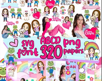 Pacchetto PNG SVG con alfabeto Lara Campos, font clipart con cane e rana (320 file)