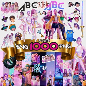 Może przedstawiać: Kompozycja grafiki cyfrowej z różnymi postaciami z kreskówek, tekstem i grafiką. Obraz zawiera tekst "SVG 1000 PNG" i słowo "FONTS" w złotym banerze. Paleta kolorów jest żywa, z różowymi, fioletowymi i żółtymi akcentami.