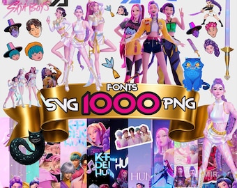 Kpop NIEUWE png-bundel, Huntrix-lettertype SVG-bundel met Kpop-alfabet + Demon Hunters digitale clipartbestanden met Rumi-Mira-Zoey en Saja Boys