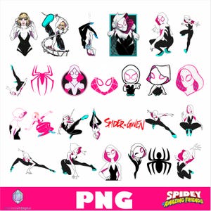 May include: A collection of digital illustrations featuring the character Spider-Gwen in various action poses, chibi styles, and iconic spider symbols. The graphics use a color palette of black, white, and magenta, with the text Spider-Gwen and Spidey and Amazing Friends.