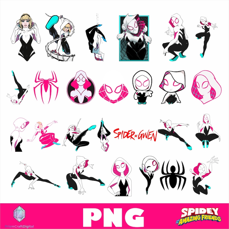 May include: A collection of digital illustrations featuring the character Spider-Gwen in various action poses, chibi styles, and iconic spider symbols. The graphics use a color palette of black, white, and magenta, with the text Spider-Gwen and Spidey and Amazing Friends.