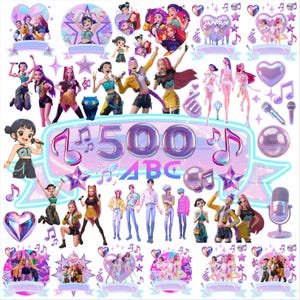Pode incluir: Ilustrações digitais com estrelas pop, notas musicais, estrelas, corações e microfones. O número "500" e as letras "ABC" são exibidos em destaque. A paleta de cores inclui rosa, roxo e azul.