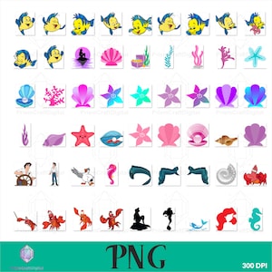 May include: A digital collection of underwater-themed illustrations featuring yellow and blue fish, pink and purple seashells, starfish, coral, seaweed, a crab, a seahorse, a mermaid silhouette, and a human character steering a ship wheel.
