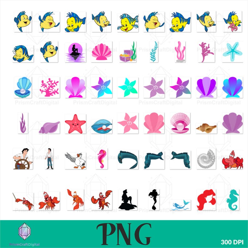 May include: A digital collection of underwater-themed illustrations featuring yellow and blue fish, pink and purple seashells, starfish, coral, seaweed, a crab, a seahorse, a mermaid silhouette, and a human character steering a ship wheel.