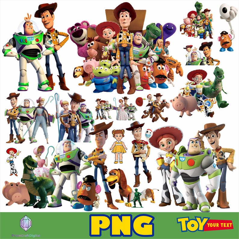 May include: A digital collection of Toy Story character illustrations featuring Woody, Buzz Lightyear, Jessie, Rex, Slinky Dog, Mr. Potato Head, and other figures. The image includes the text PNG and TOY YOUR TEXT at the bottom on a green background.